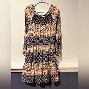 Bobeau Women’s Navy Cream Bohemian Patterned Long Sleeve Dress, Size Medium